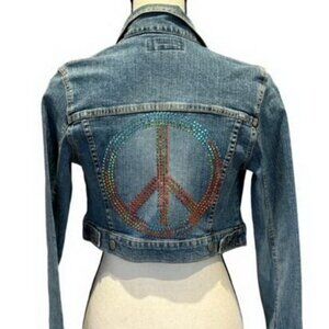 Go Denim Cropped Rhinestone Peace Sign Jean Jacket